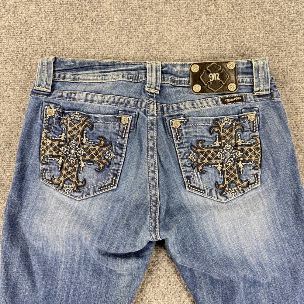 Miss Me Mid Rise Bootcut Jeans Women 29x30 Blue Embroidered Rhinestone Cross Y2K